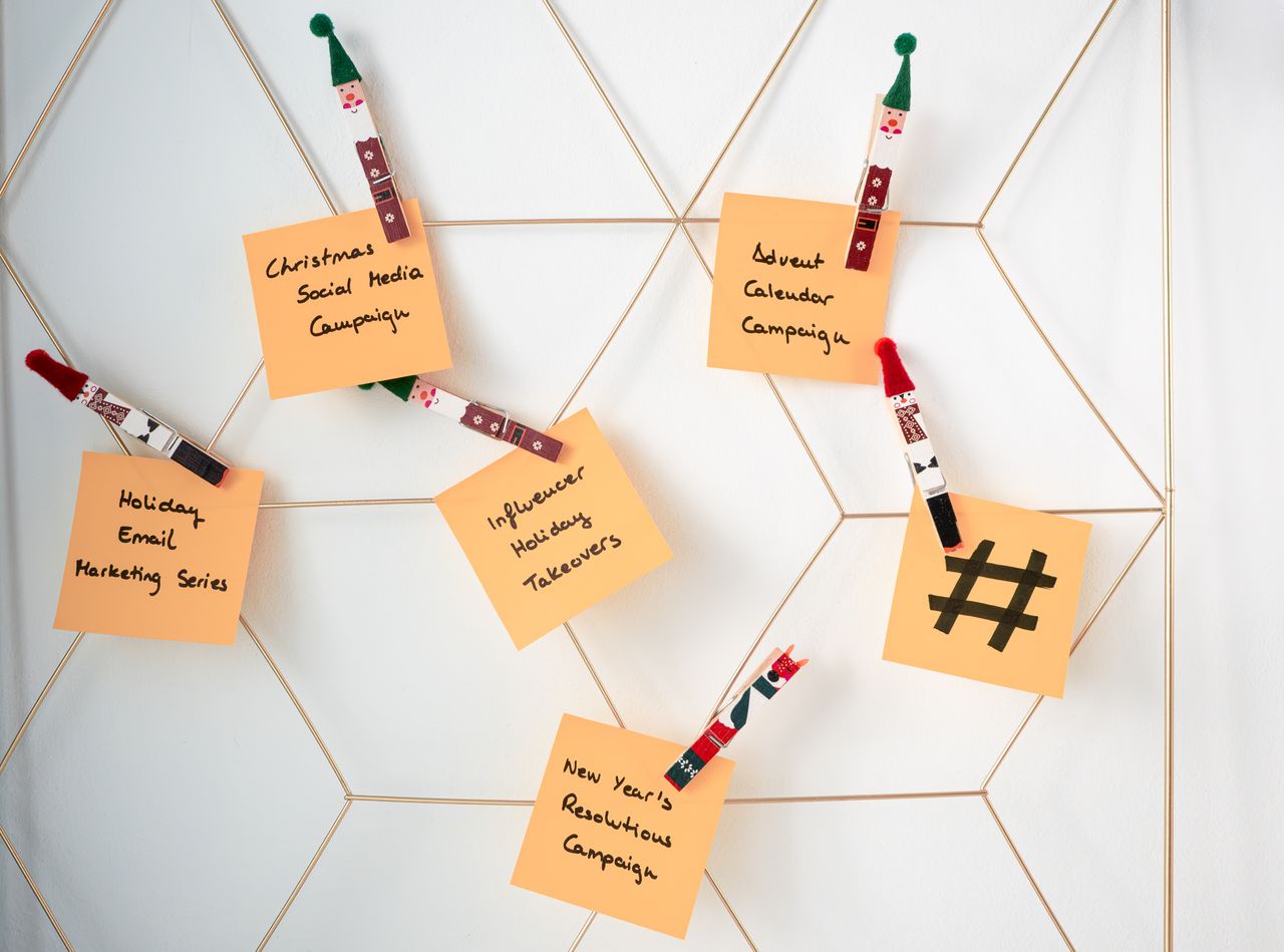 about-01 Sticky notes with holiday marketing ideas clipped to a wall grid.